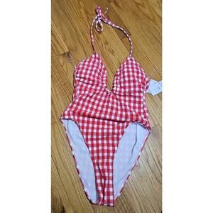 Wild Fable Womens Swimsuit Red Gingham Plaid Cross Halter Extra High Leg Sz XS